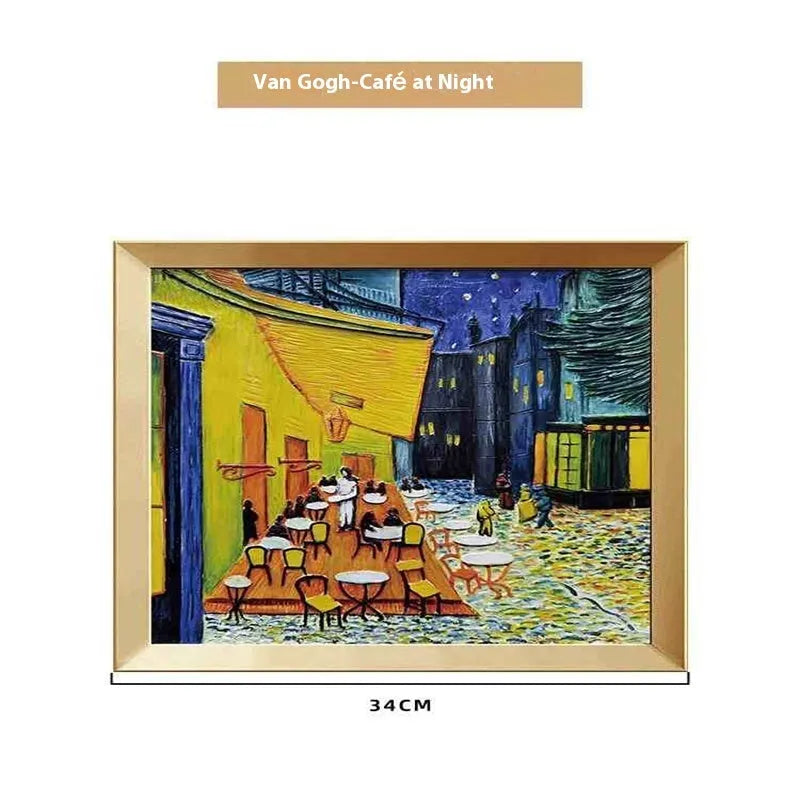 DIY oil painting by numbers kit showing framed Van Gogh Starry Night artwork with brushes and paints