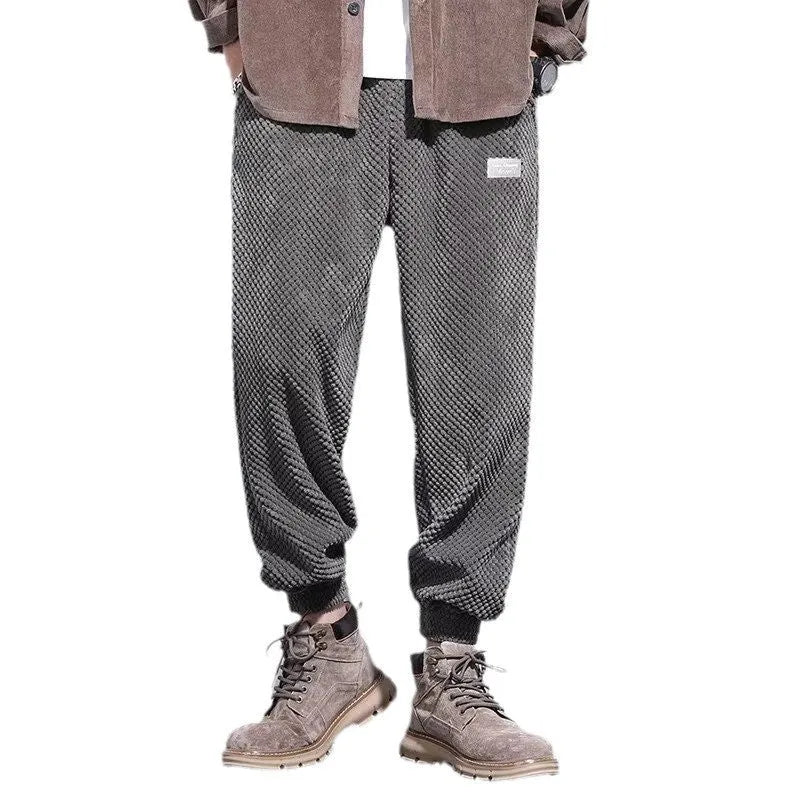 Men's grey ankle tie casual sweatpants with straight leg fit and non-ironing polyester blend fabric