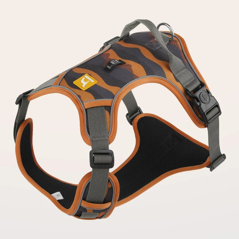 Orange dog harness and lead with chest strap, handle, and reflective strips for commuter safety.