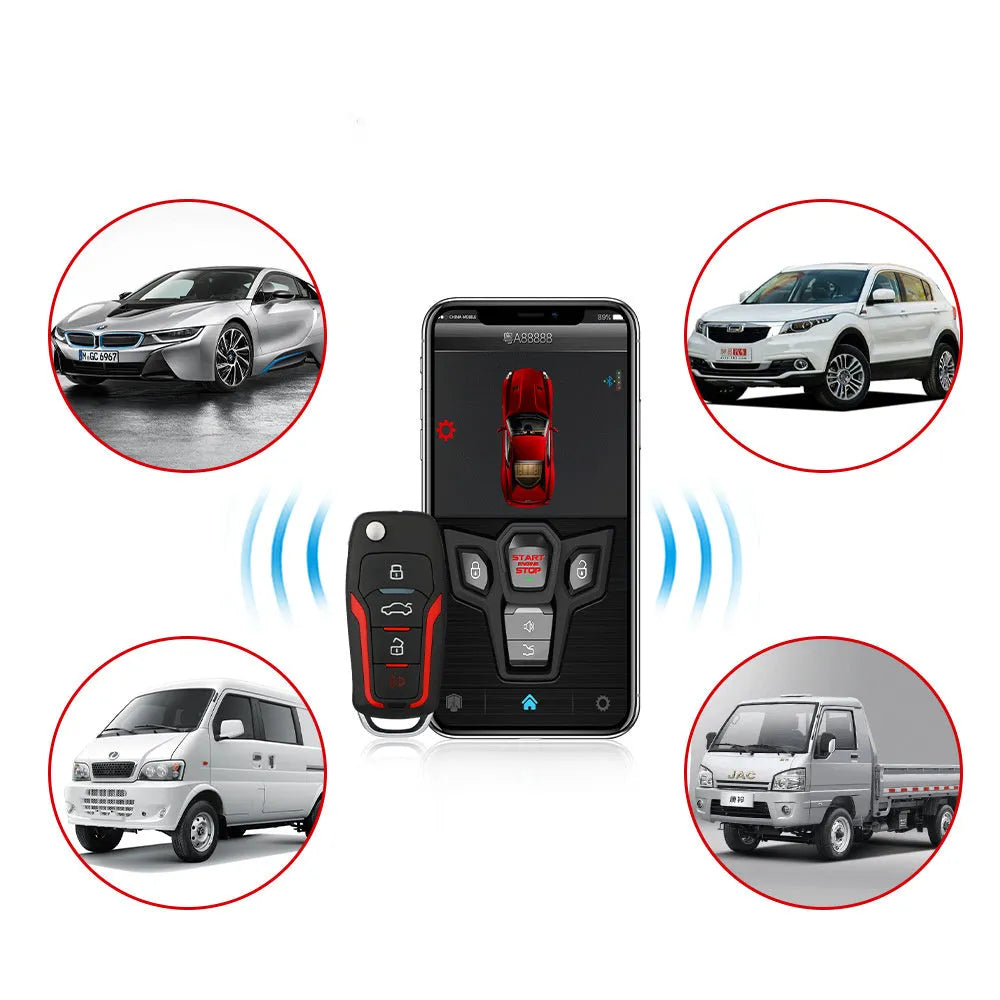 Red and frosted black car alarm system with remote control units for 3000m vehicle security monitoring