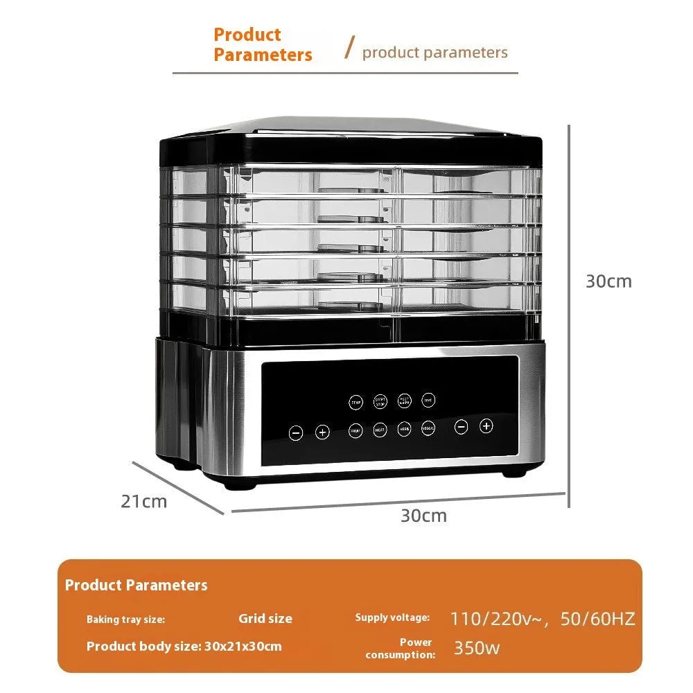 Silver stainless steel household food dehydrator with control panel and trays