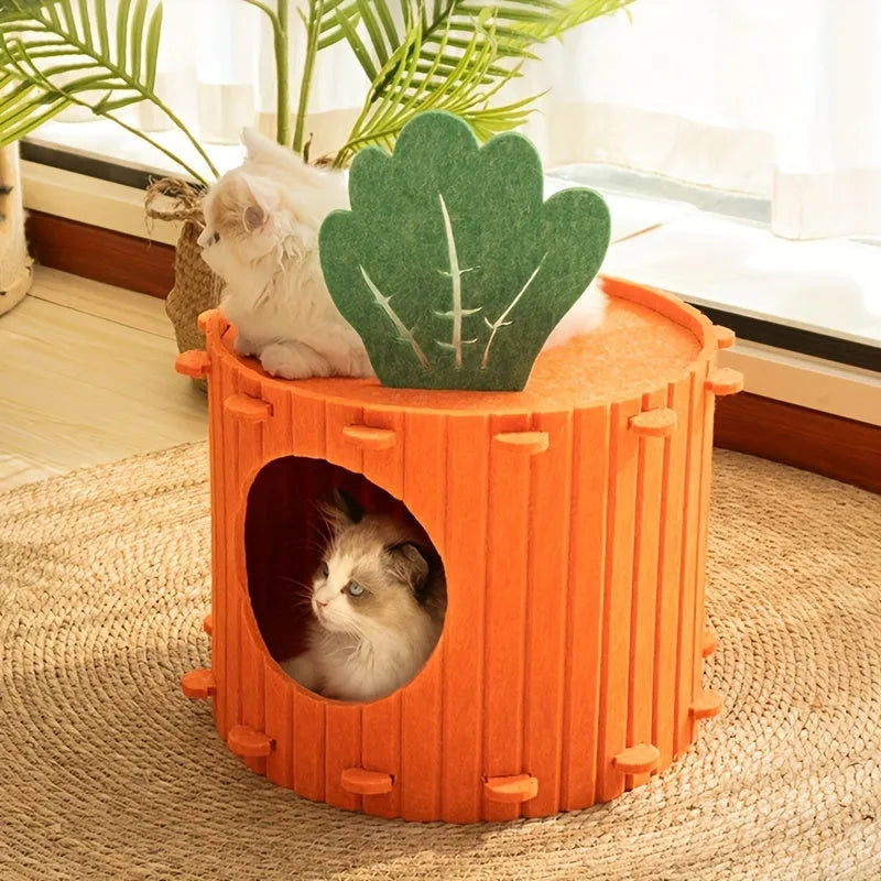 Carrot-shaped grey felt cat tunnel nest with circular entrance holes, shown in medium and large sizes.