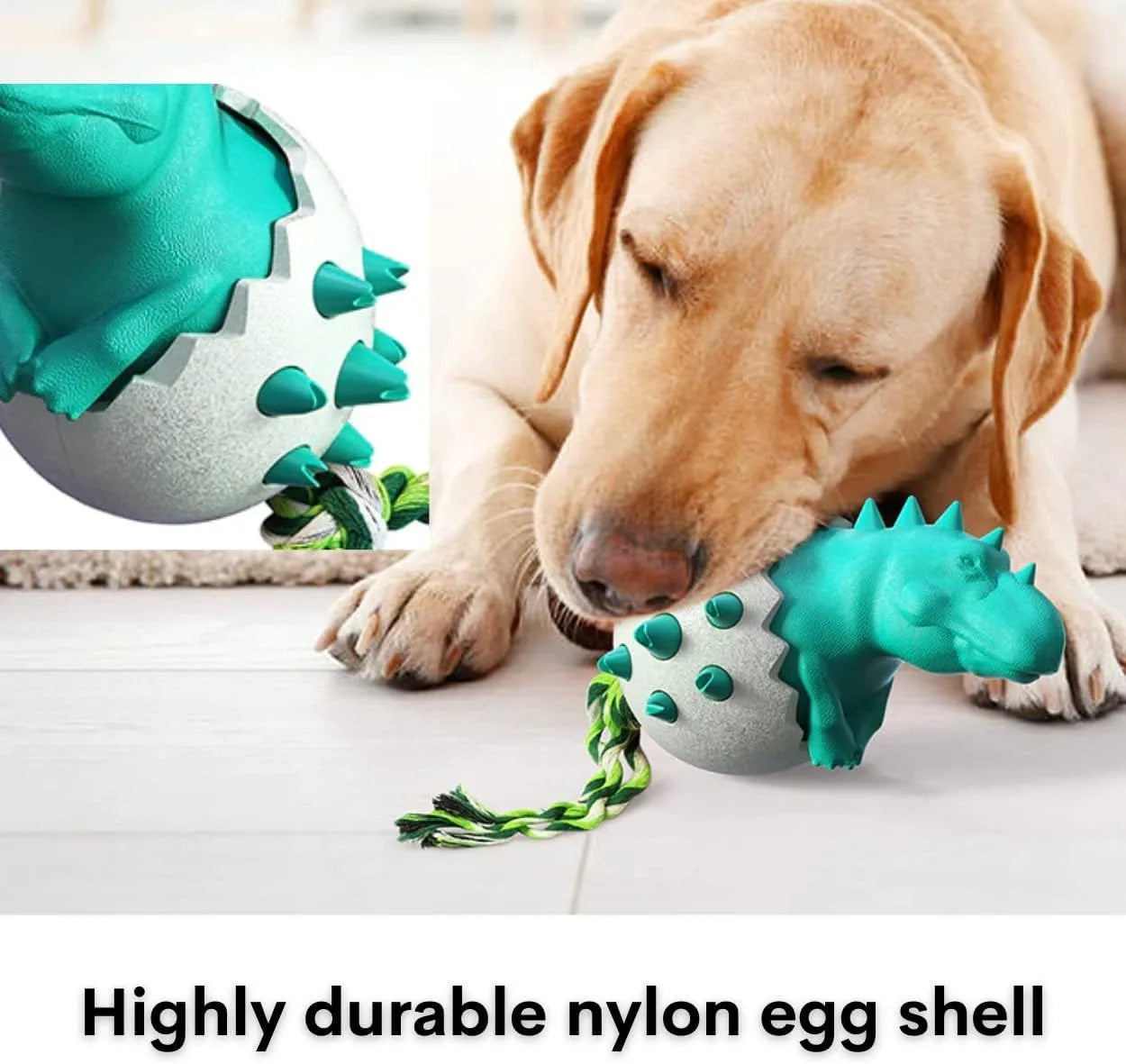 Blue durable dinosaur-shaped dog chew toy with an attached rope for aggressive chewers.