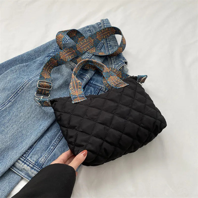 Soft horizontal square Oxford cloth messenger bag with embroidery, single shoulder strap, in multiple colours.