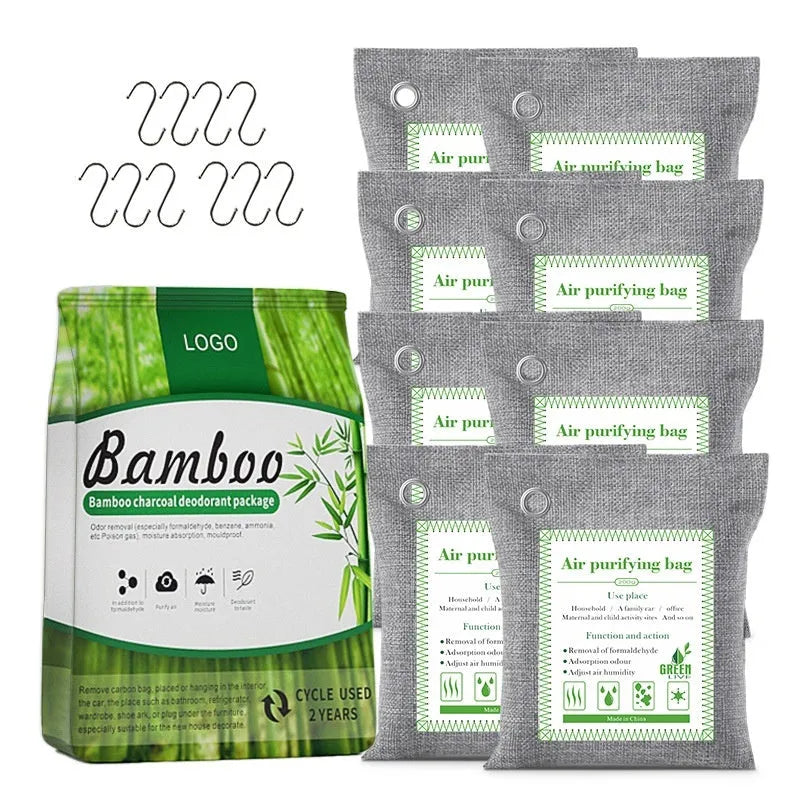 Sewn fabric bag filled with black bamboo charcoal granules for air purification.