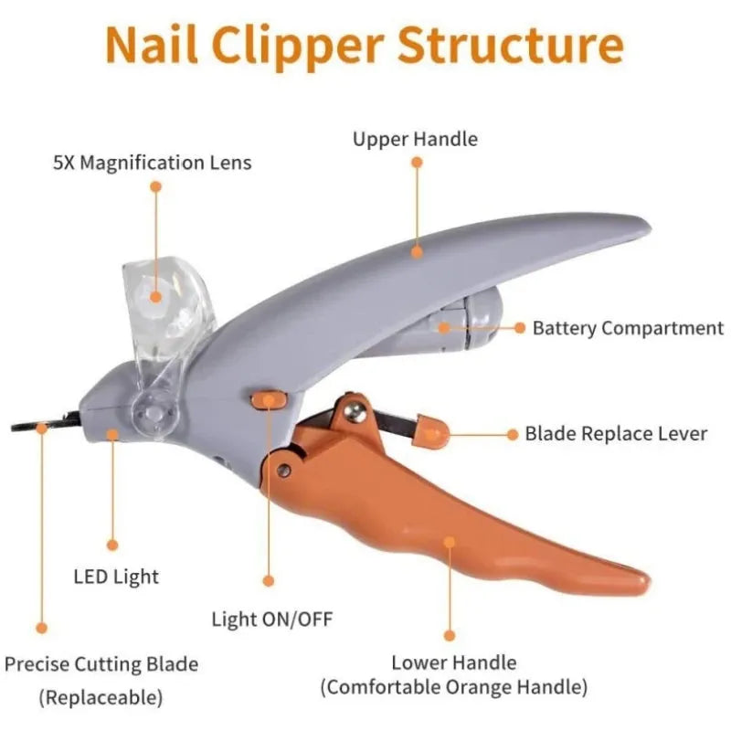 Yellow pet nail clipper with LED light and magnifiable lens for dog and cat grooming