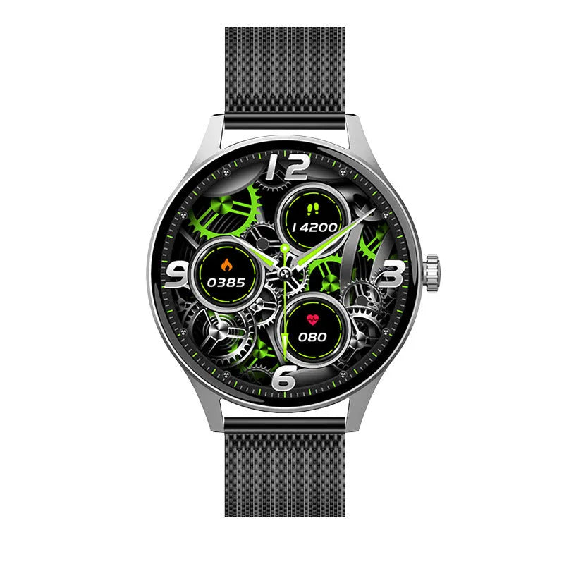 Smart watch with blood sugar monitoring on wrist showing AMOLED display and silicone band
