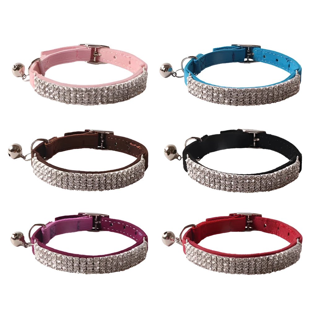 Flocking material cat collar with elastic buckle and gang drill pattern in multiple colours.