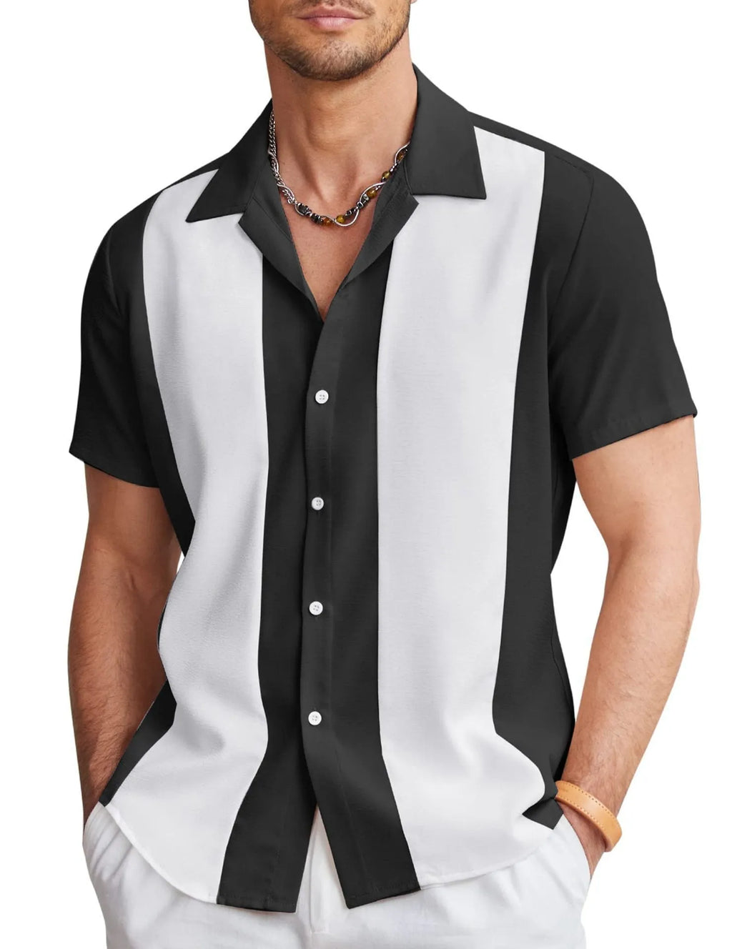 Man wearing a slim fit, short sleeve Hawaiian shirt with a vibrant digital print pattern.