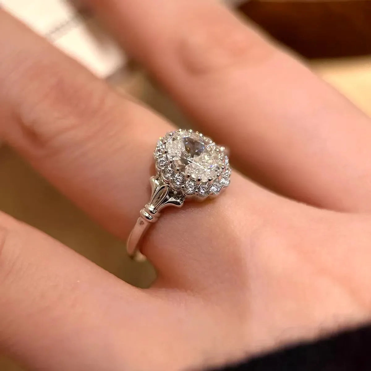 Silver geometric ellipse bridal bouquet ring with adjustable opening and diamond treatment detailing