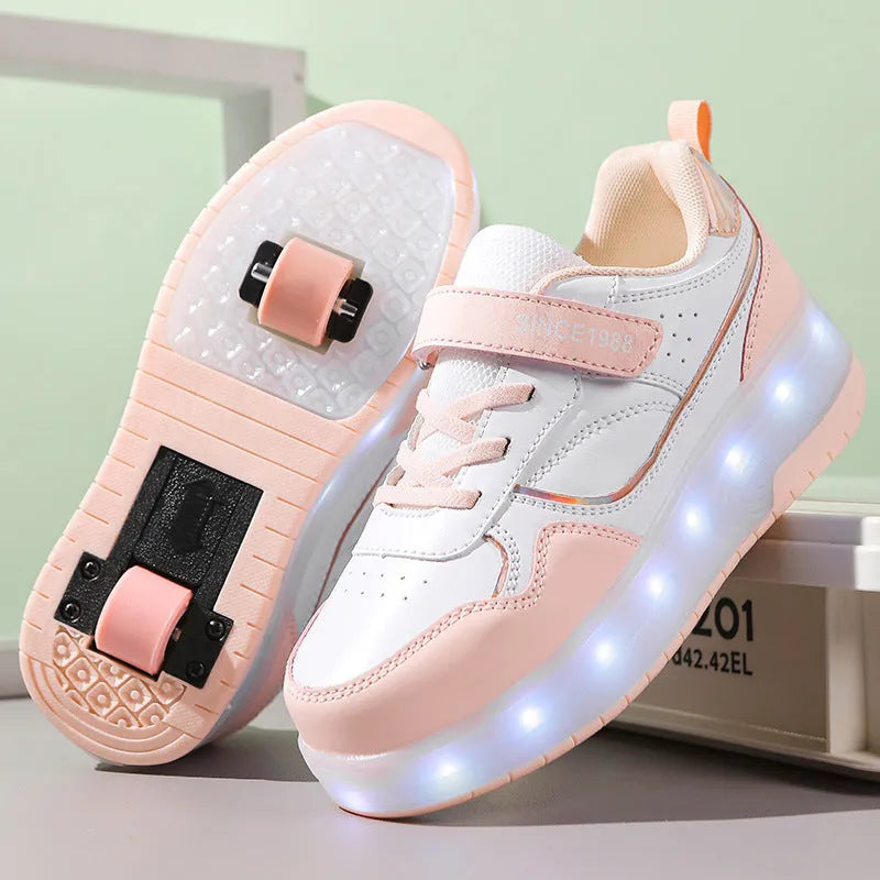 Charging flash rollerskates with LED lights in black, pink, purple, and white colours