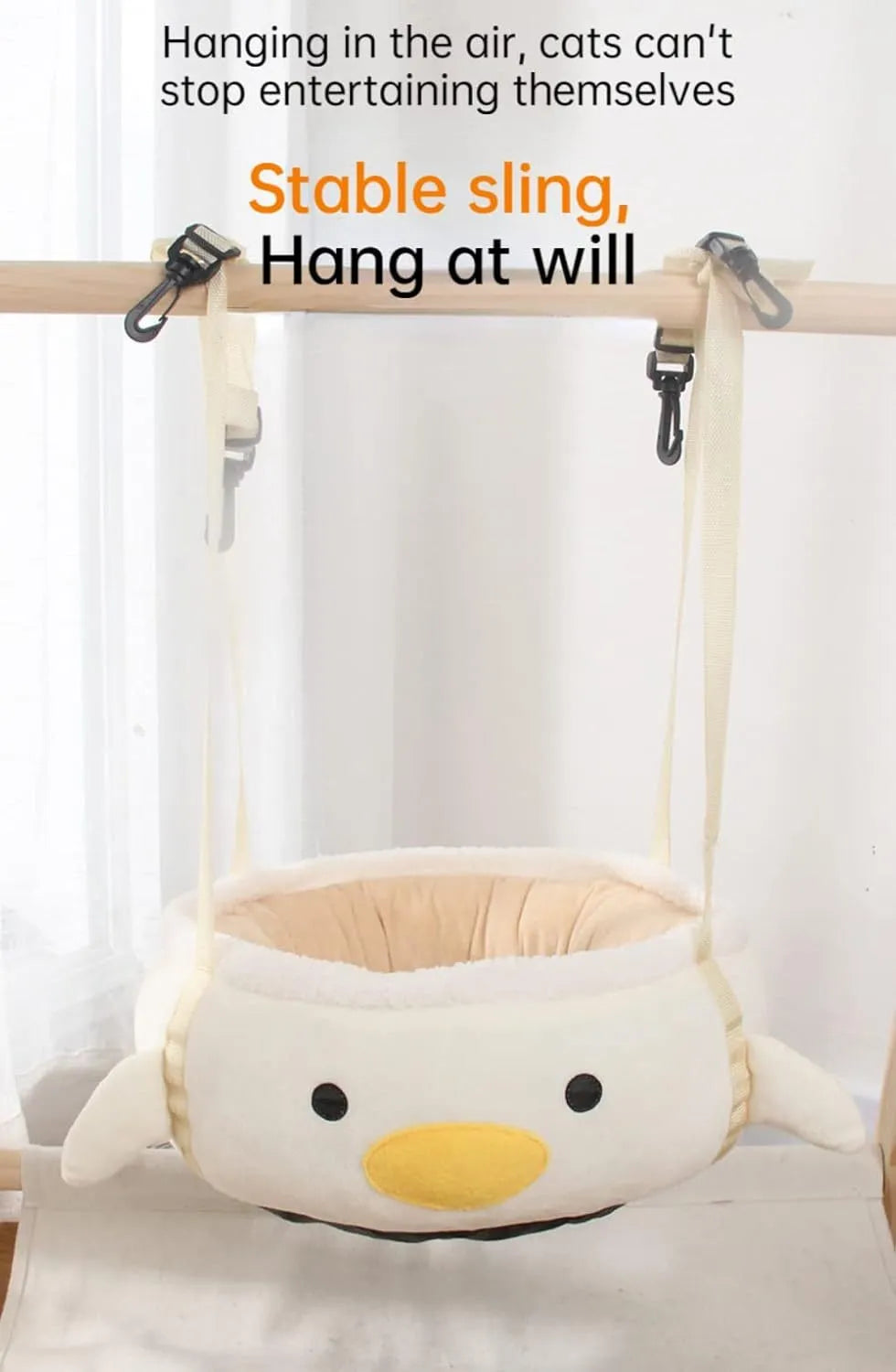 Green chick dinosaur shaped cat bed shown both flat and hanging as a hammock.