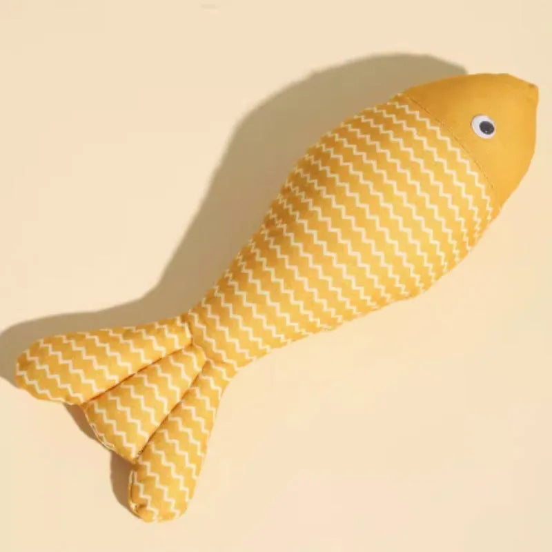Yellow, red, and blue catnip-filled fish toys in small, medium, and large sizes for cats.