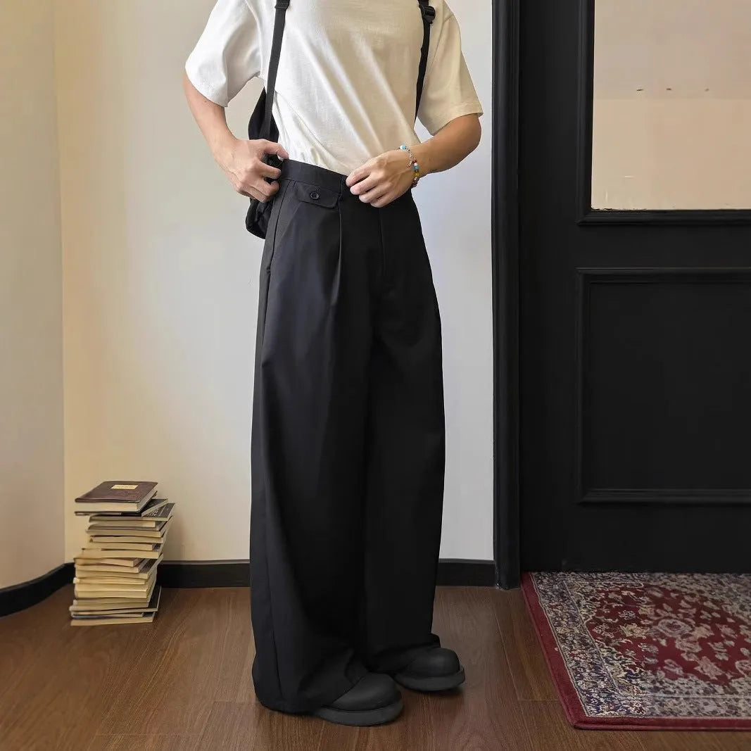 Men's straight-leg casual trousers in black or brown with wide-leg cut and polyester blend fabric