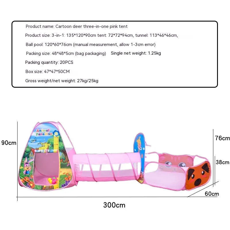 Three-in-one children's tent with marine cartoon design showing fabric tent, ball pool and connecting tunnel sections