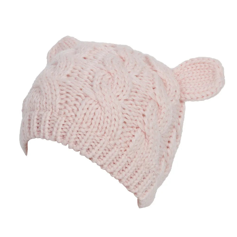 Hand made 3D cat ear knitted wool beanie in winter colours