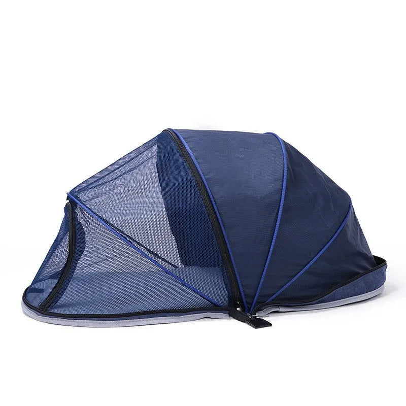 Folding cat tent with half mesh windows in collapsed and assembled positions