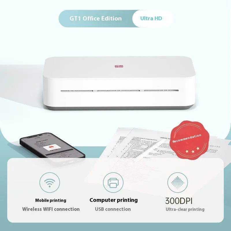 Small white plastic intelligent remote learning printer with thermal ribbon cartridge on a desk.