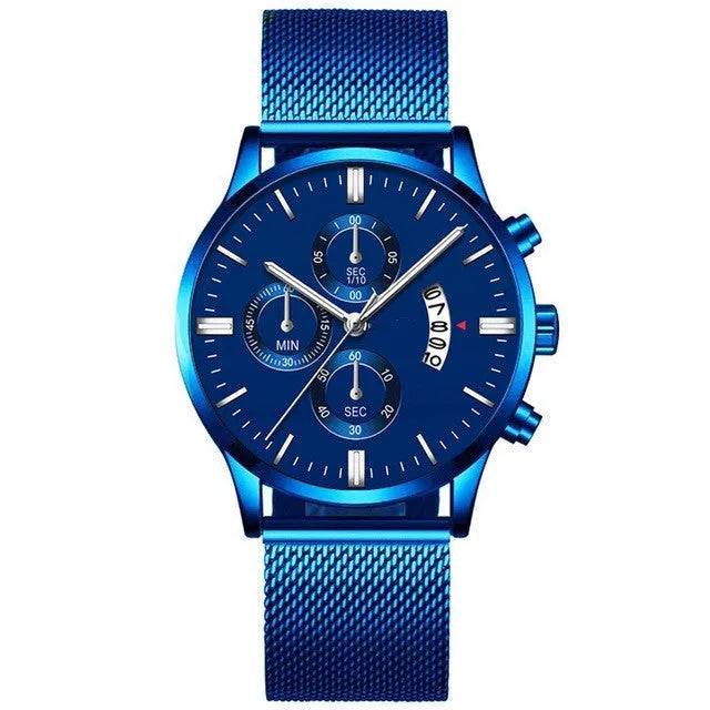 Men's stainless steel mesh band quartz watch showing analogue face and decorative subdial.