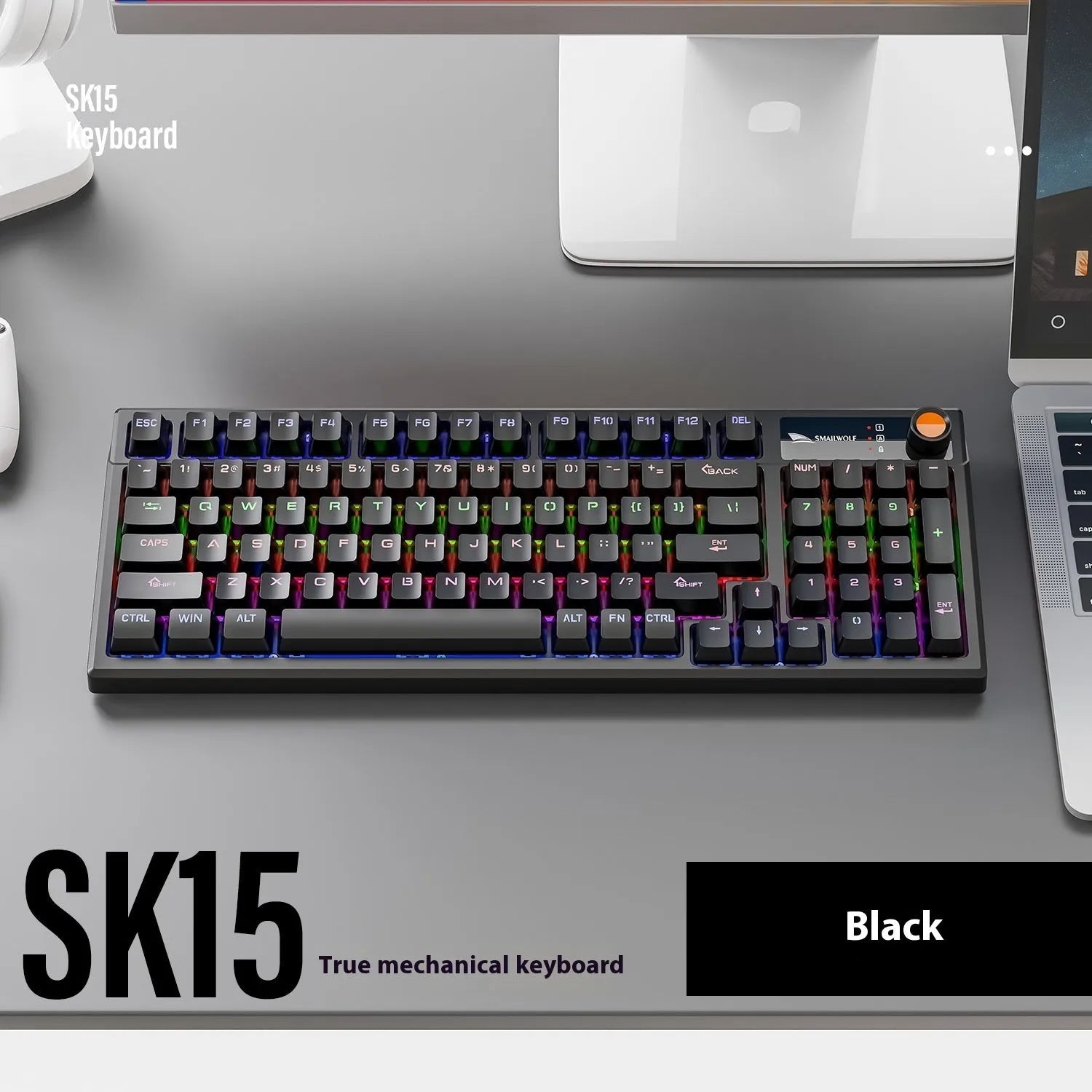 SK15 wired mechanical gaming keyboard with central knob in Autumn Water Blue colour