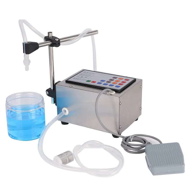 GFK-280 CNC automatic liquid filling machine on a benchtop with display and dispensing nozzle.