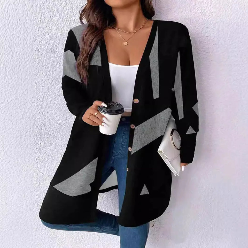 Black plus size casual cardigan coat with button stitching and printed pattern in Japanese Korean style