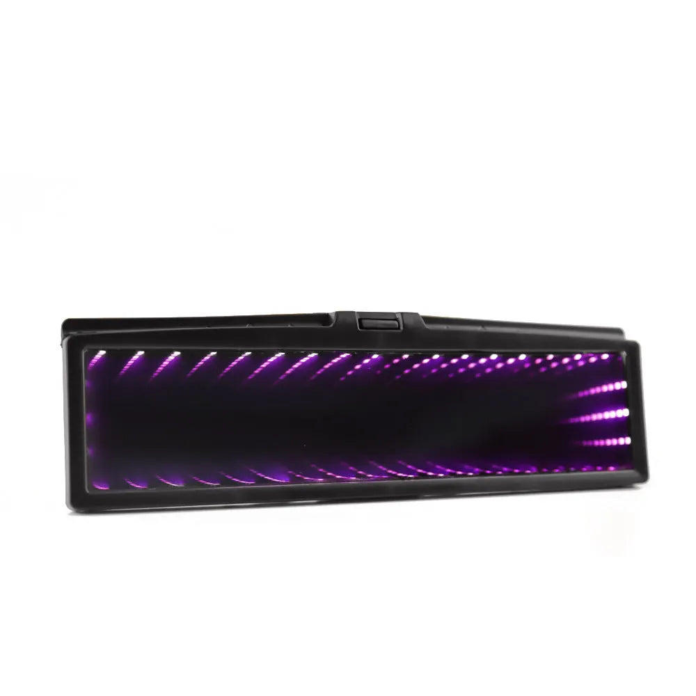 Square blue plastic car rearview mirror with a wide flat glass and integrated LED lighting strips on the housing.