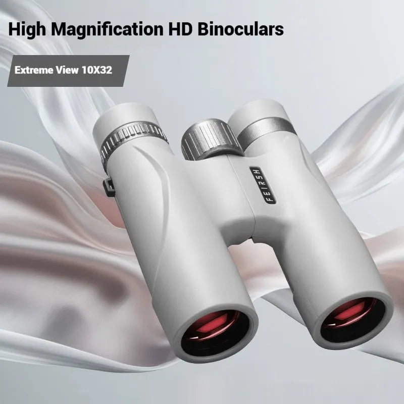 Blue or grey coloured compact 10x32 binoculars with wine red film coating on the lenses.