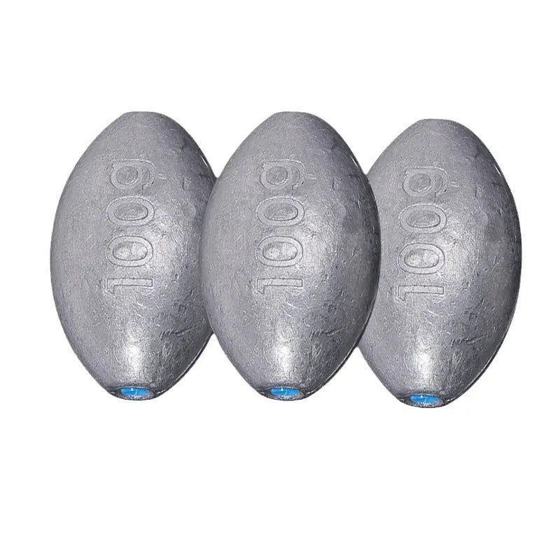Rugby-shaped olive lead fishing sinker with plastic core in multiple weight sizes