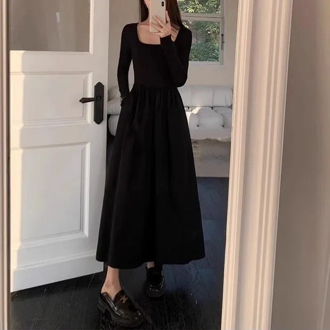Black square collar knitted dress with elastic waist and A-line skirt