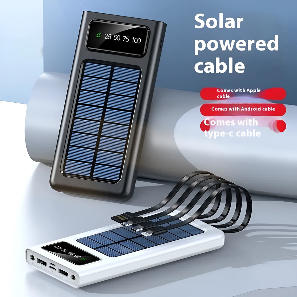 Black or white solar power bank portable charger measuring 148x71x19mm with four-wire cable