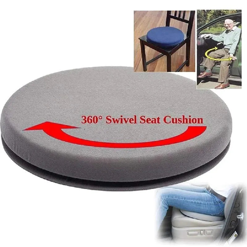 Round, grey rotating car seat cushion for elderly passenger assistance on a car seat.