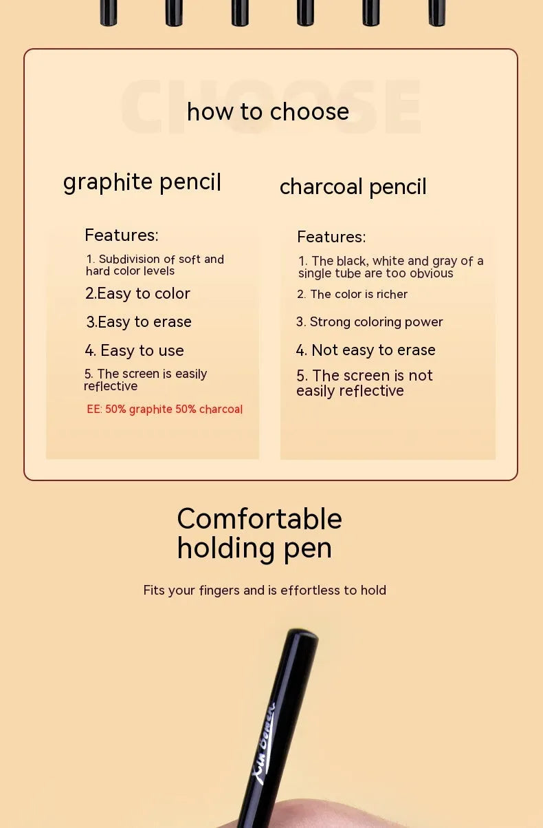 Set of six graphite sketching pencils in grades HB, 2B, 4B, 6B, 8B, and EE.
