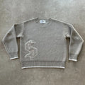 Grey loose-fitting jacquard knitwear coat with long sleeves on a hanger