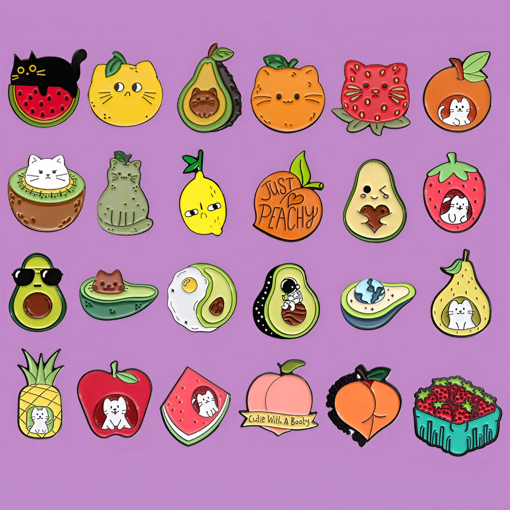 Colourful cartoon fruit and letter metal brooch with zinc alloy construction