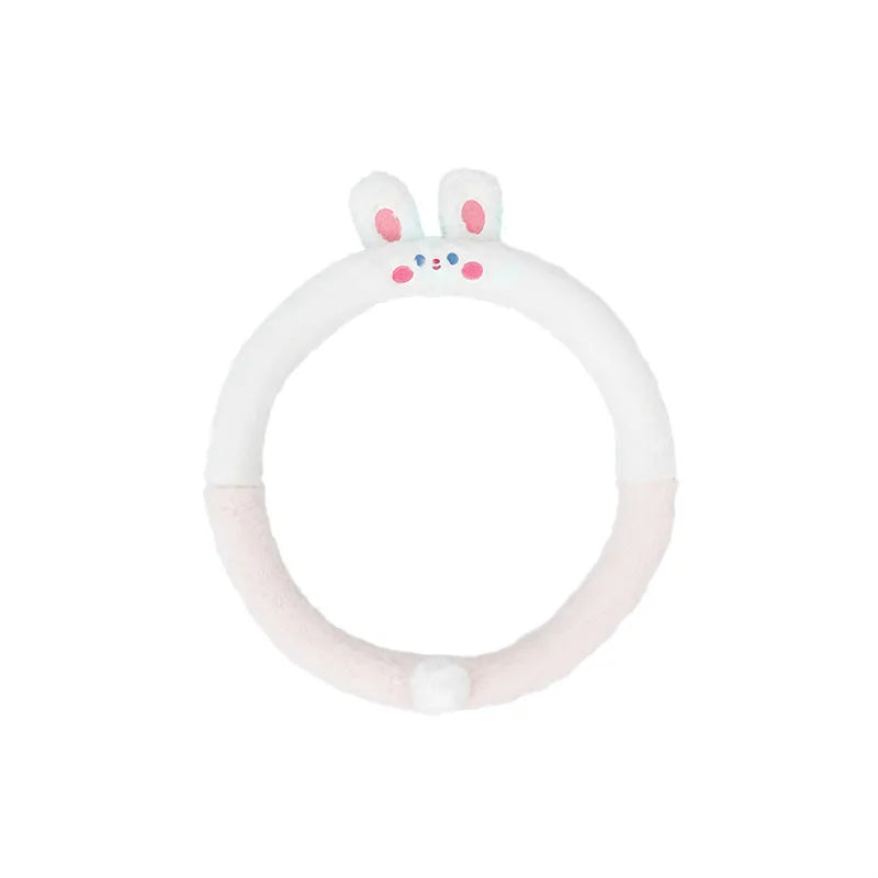 Plush car steering wheel cover with embroidered cartoon animal design for winter driving