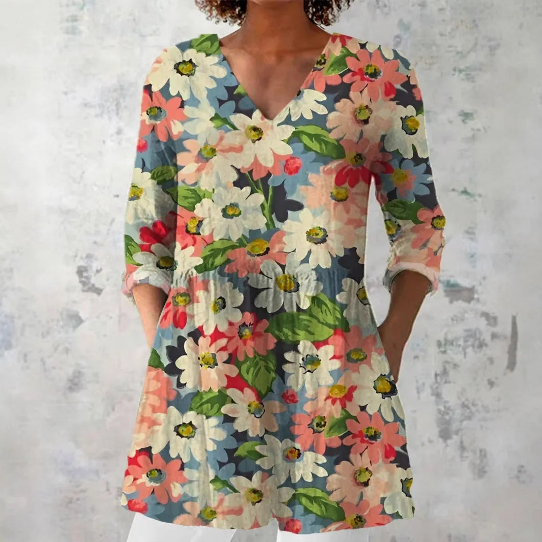 Women's retro slim fit printed long-sleeved polyester top in various colour options