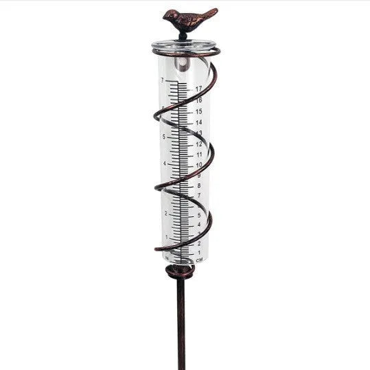 Cast iron bird design rain gauge with glass measurement tube for garden rainfall monitoring