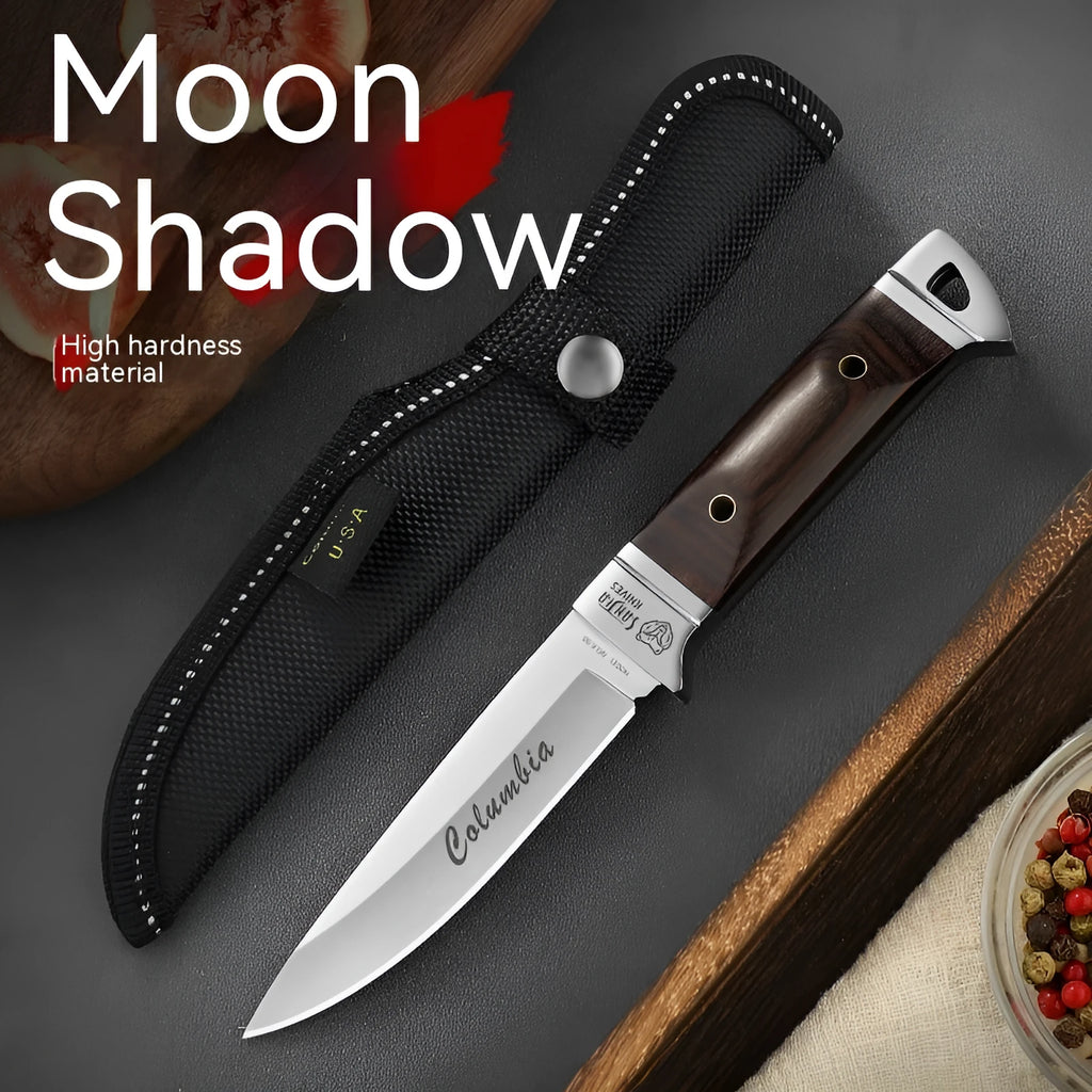 Camping portable fruit knife with stainless steel blade in a national style leather case.