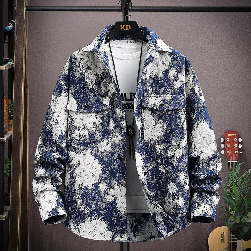Casual lapel shirt coat in a colour-coded option like blue or black, showing long sleeves and straight hem.