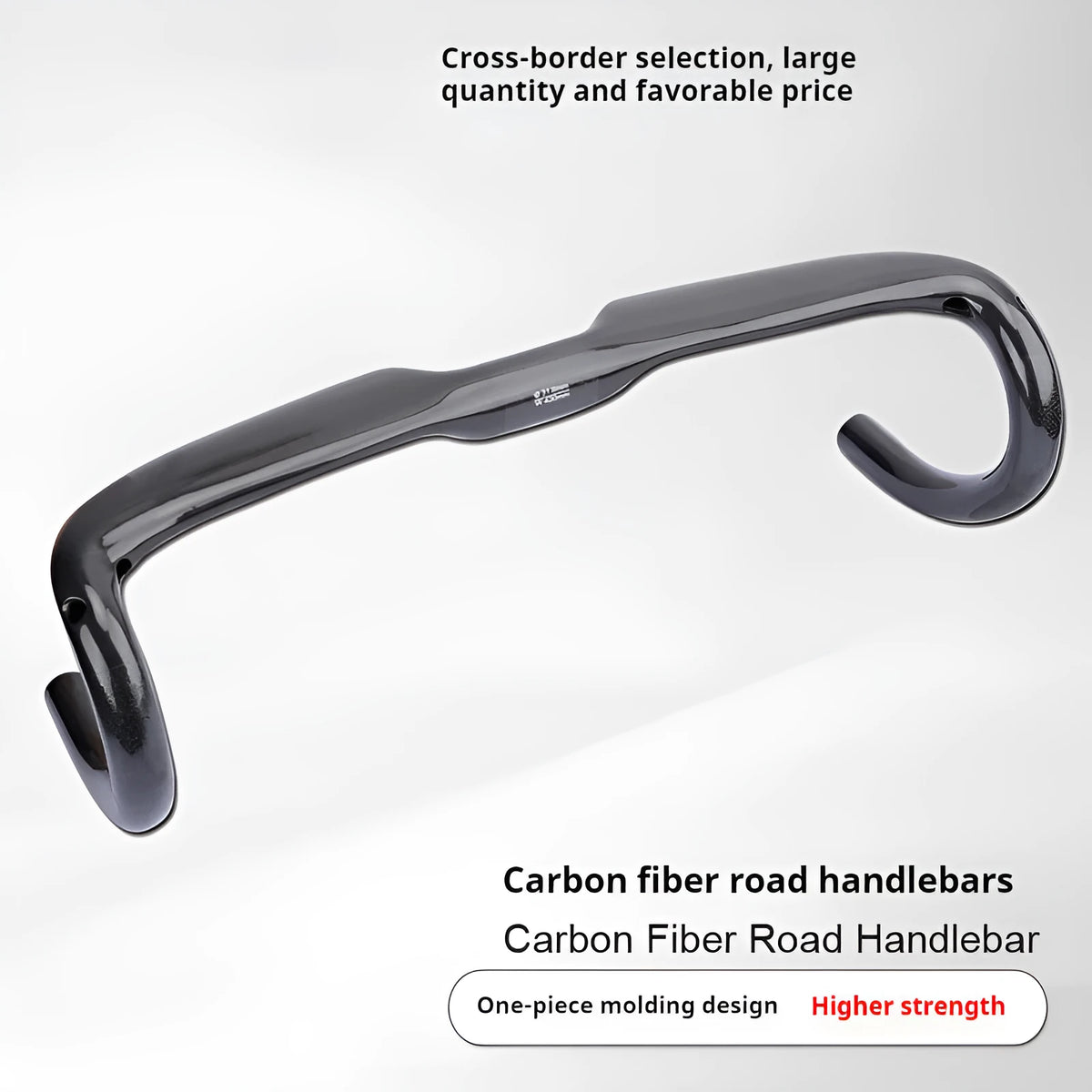 Ultra-light carbon fibre road bicycle drop handlebar in black grey silver, shown in 400mm 420mm and 440mm sizes.