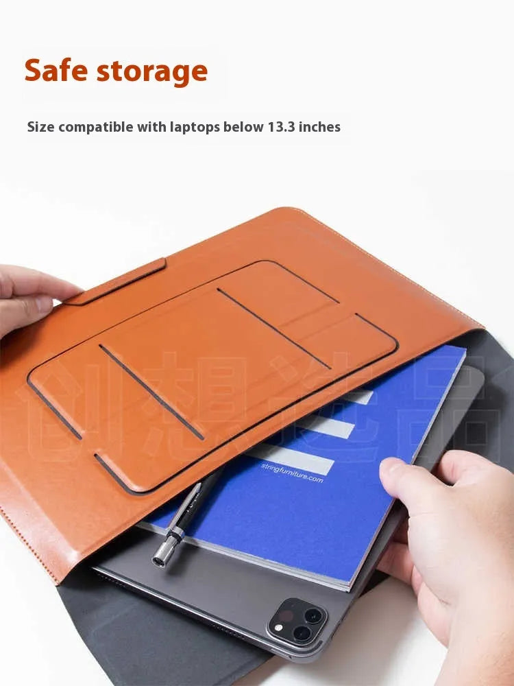 Brown plastic dual-angle laptop bag bracket holding a 13.3-inch laptop sleeve on a desk.