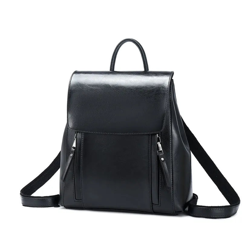 Genuine leather women's backpack in large square design with multiple internal compartments