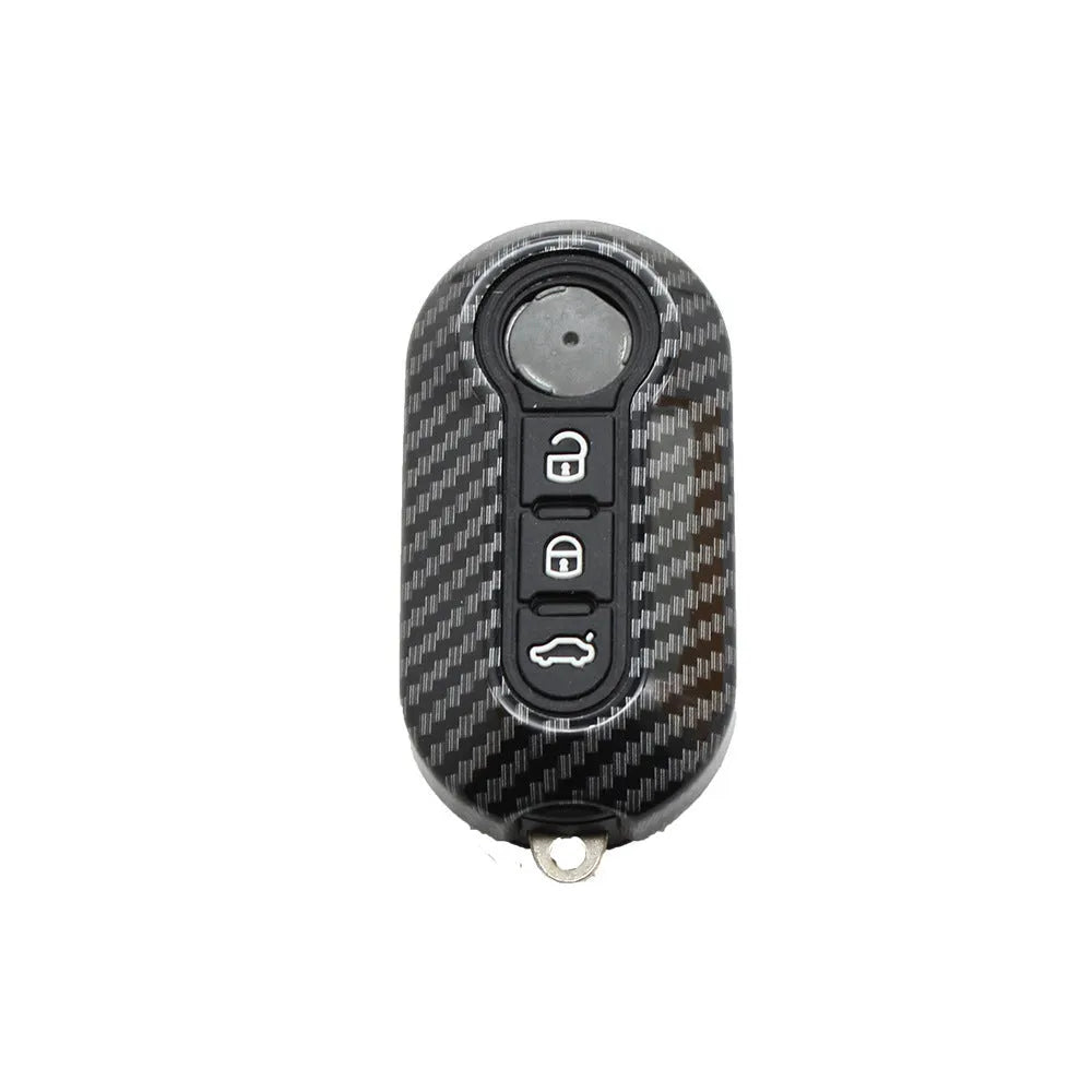 Fiat 500 Boyue ABS plastic remote key shell in black, red, and dark blue with carbon fibre style pattern.