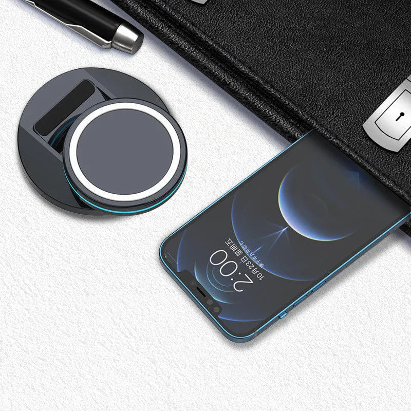 Magnetic 3-in-1 folding wireless charging stand compatible with iPhone 12 showing compact folded position