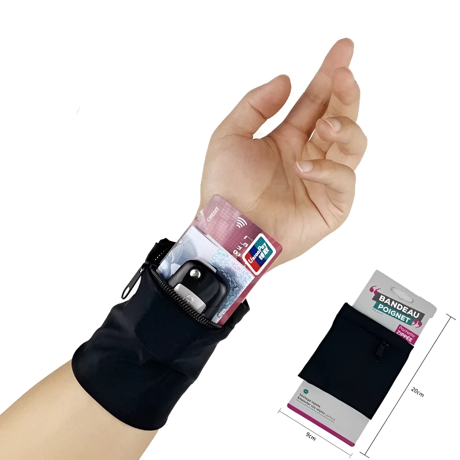 Black wrist bag armband sleeve for mobile phone, shown with dimensions 10cm by 10.5cm.