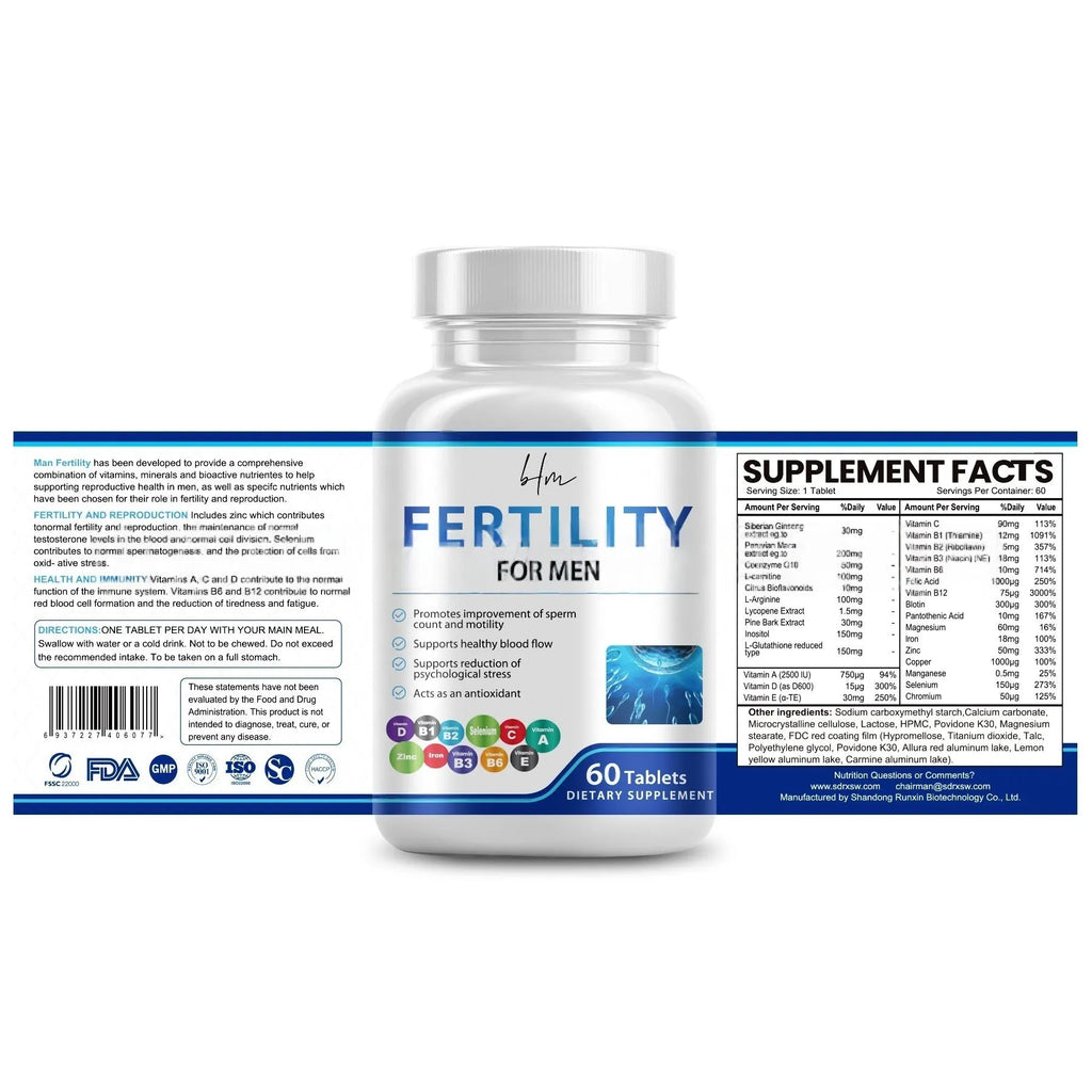 Bottle containing 60 male fertility tablets with vitamin mineral amino acid complex