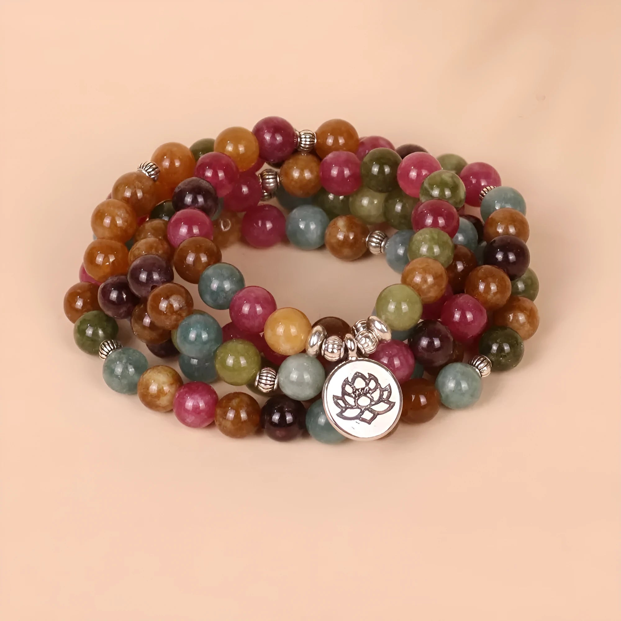 Tourmaline-colour lotus bead multi-layer bracelet with 108 beads on alloy string
