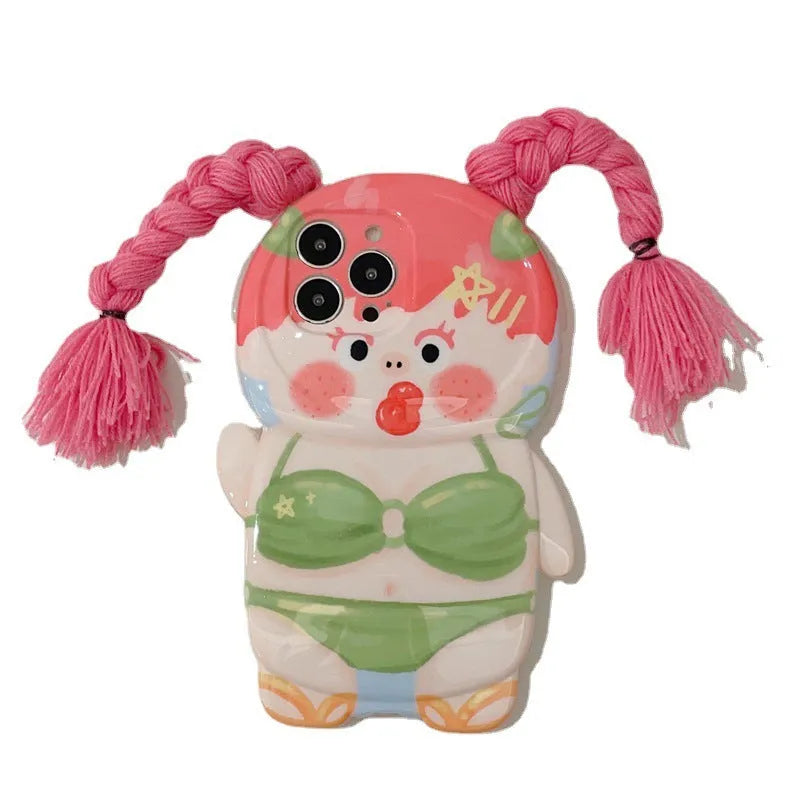 Pink and green silicone iPhone case with summer swimsuit girl cartoon design for multiple iPhone models