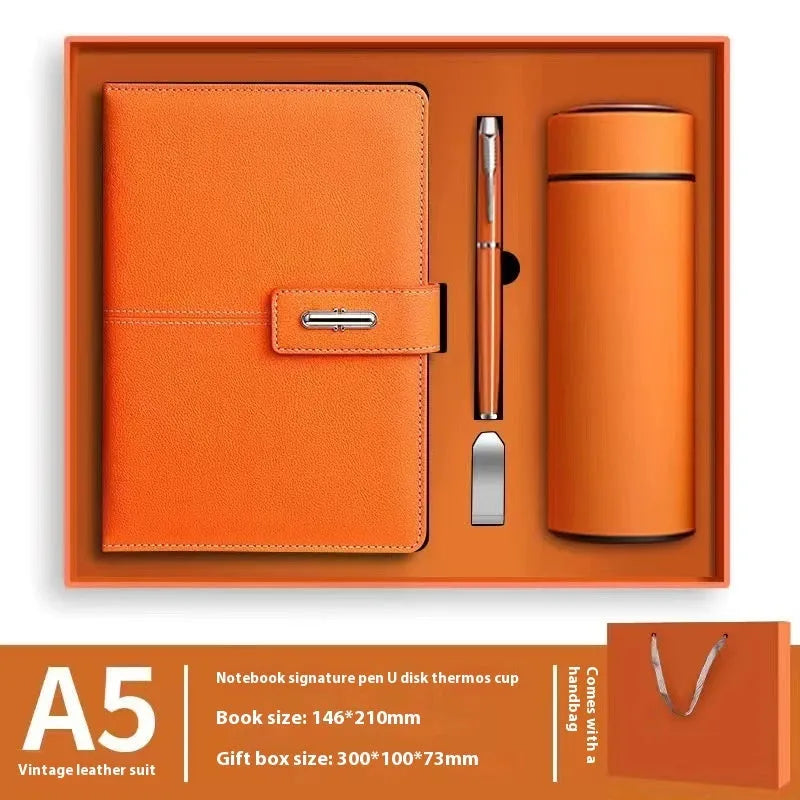 A5 notebook with PU leather cover shown in multiple colour options including black, red, green, blue, and orange.